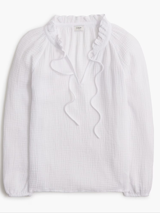 J. Crew Tops - NWT J. Crew White Ruffle-Trim Gauze 100% Cotton Blouse XS